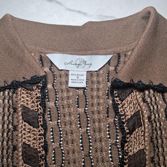 Ming Wang Sweater Cardigan Brown Black Open Front Metallic Thread Sz S Career - Picture 2 of 12